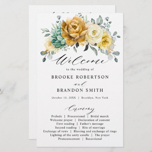 Mustard yellow sage greenery Wedding Programme (Voorkant / Achterkant)