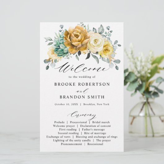 Mustard yellow sage greenery Wedding Programme (Staand voorkant)