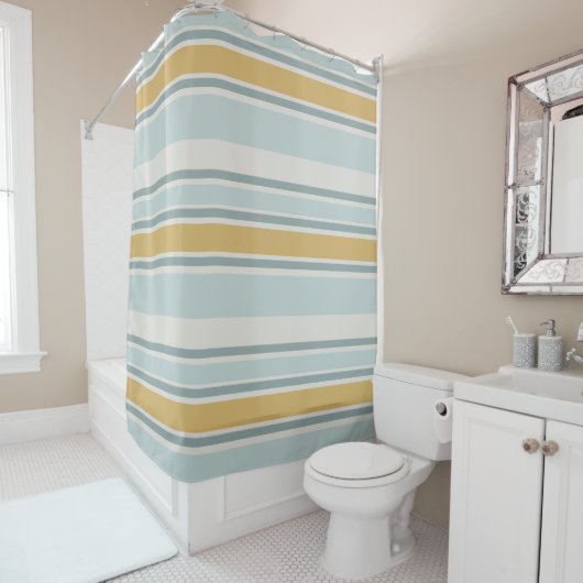 Muted Blue and Mustard Modern Stripe Bathroom Douchegordijn (In situ)