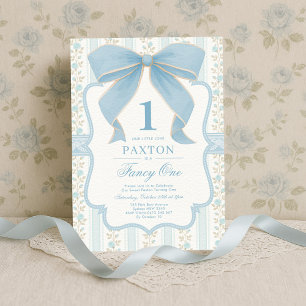 Muted Blue Bow Bloemen 1e Verjaardagsfeest Kaart