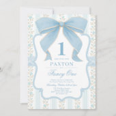 Muted Blue Bow  Bloemen 1e Verjaardagsfeest Kaart (Voorkant)