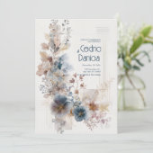 Muted Blue Folk Bloemen bruiloft Kaart (Staand voorkant)