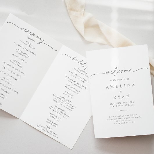 Muted Gray Simple Minimalist Folded Wedding Programma