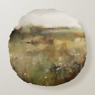 Muted Meadow Abstract Landschap Wildflower Art Rond Kussen