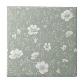 Muted Sage Green And White Wildflower Pattern Tegeltje