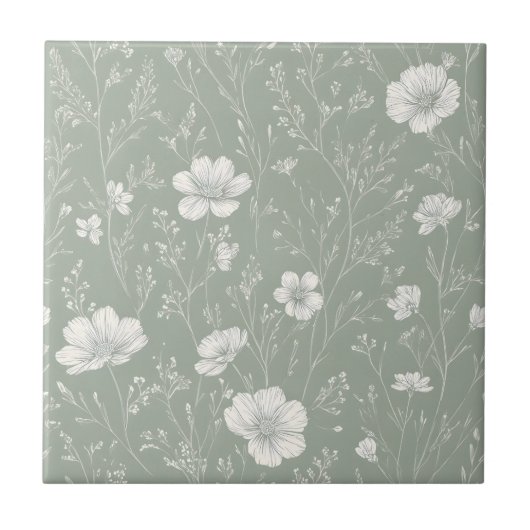 Muted Sage Green And White Wildflower Pattern Tegeltje (Voorkant)
