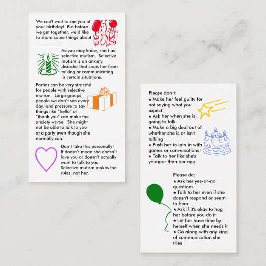 Mutisme sélectif Carte de visite d'anniversaire fi (Devant / Derrière)