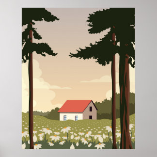 Muur poster boslandschap, huis in het bos,
