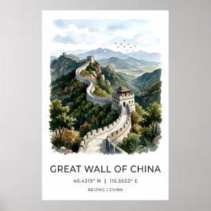 Muur van China Aquarelprint, Peking Reis Kunst Poster