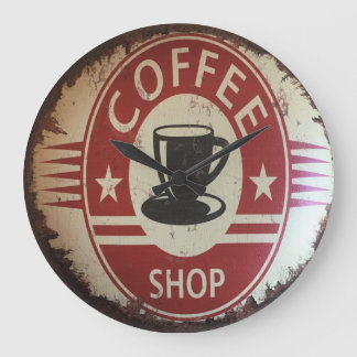Muurklok met bord voor koffiewinkel met rood, zwar grote klok