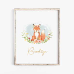 Muurkunst van Cute Floral Fox Animal Nursery Name Poster
