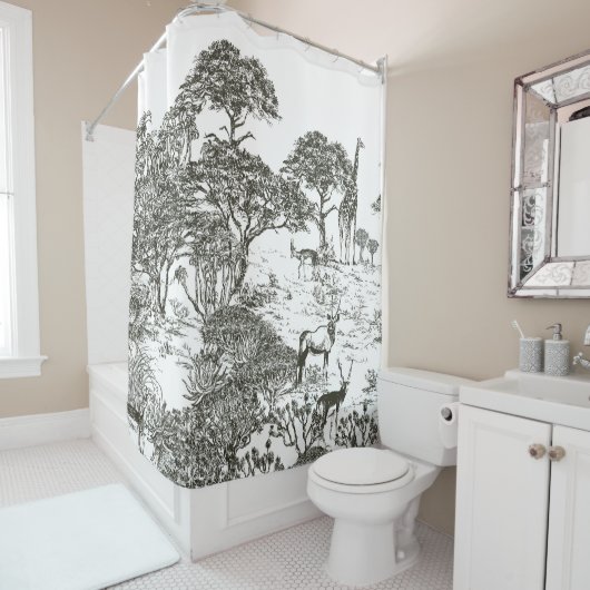 Muurlijk handgetrokken Safari Panoramisch Uitzicht Douchegordijn (In situ)