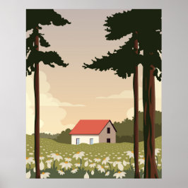 Muurposter boslandschap, huis in het bos, poster