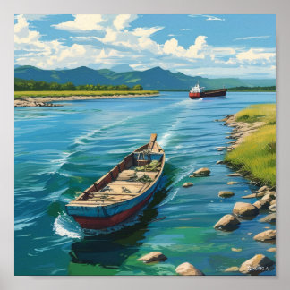 Muurschildering van een boot in het zee en een sch poster