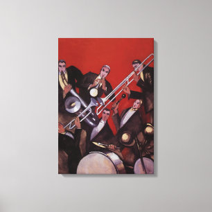 muziek, Art Deco Musical Jazz Band Jamming Canvas Afdruk