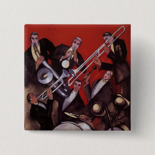 muziek, Art Deco Musical Jazz Band Jamming Vierkante Button 5,1 Cm