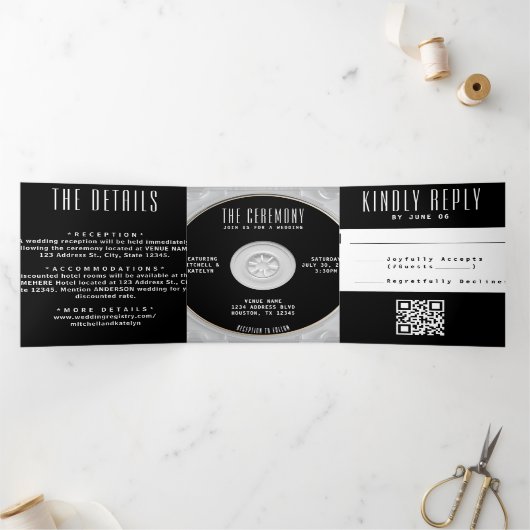 Muziek-cd Hoesje Black Wedding All In One Drieluik Uitnodiging (Binnen)