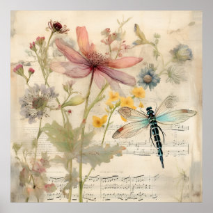  Muziek Franse Bloemen Dragonfly Art Poster