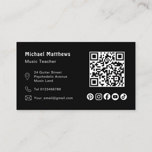 Muziek Gitaar Leraar QR Code Social Media Custom Visitekaartje (Achterkant)