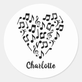 Muziek Liefde Hart van Muziek Noten met Naam Ronde Sticker
