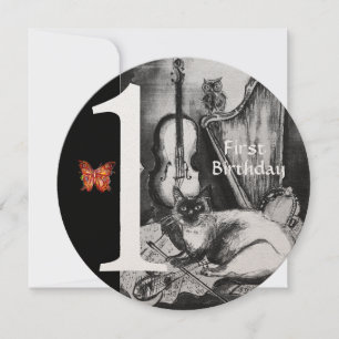 MUZIEK MAKING CAT First Birthday Party (Zwarte Wit Kaart