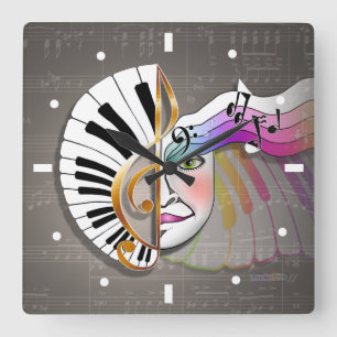 MUZIEK MASK PIANO KEYBOARD WALL CLOCK VIERKANTE KLOK