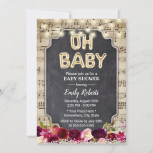 Muziek Oh Baby shower Rustic Burgundy Red Floral Kaart
