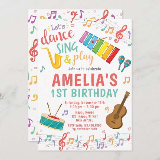 Muziek verjaardagsuitnodiging. Meisje verjaardag Kaart (Voorkant / Achterkant)