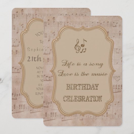  muziekblad Gold Birthday Party Invitation Kaart (Voorkant / Achterkant)