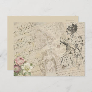  Muziekblad Script Love Letter Lady Floral Briefkaart