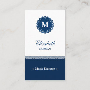 Muziekdirecteur - Elegant Blue Lace Monogram Visitekaartje