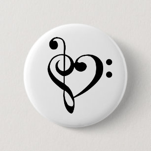 Muziekhart Treble Bass Clef Heart - Zwart Ronde Button 5,7 Cm