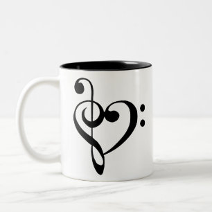 Muziekhart Treble Bass Clef Heart - Zwart Tweekleurige Koffiemok