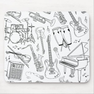 Muziekinstrumenten Collage in Zwart en Wit Muismat
