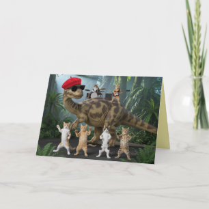 Muziekkaart met knuffelkat en dinosaurus feestdagen kaart
