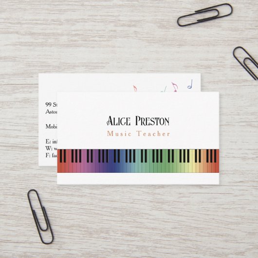 Muziekleraar | Colorful Piano Keys Visitekaartje (Voorkant / Achterkant in situ)
