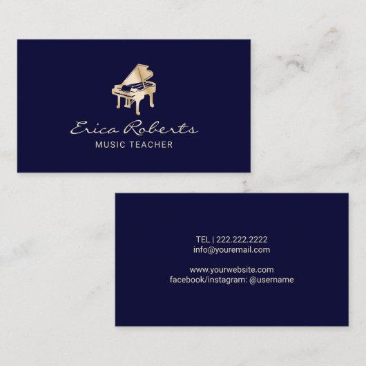 Muziekleraar Navy & Gold Piano Musical Visitekaartje (Voorkant / Achterkant)