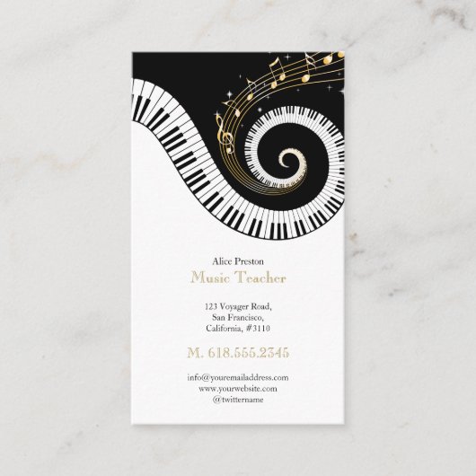 Muziekleraar | Swirl Black White Piano Visitekaartje (Voorkant)