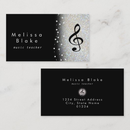 Muziekleraar Zilveren Schaduw Faux Glitter Visitekaartje (Voorkant / Achterkant)