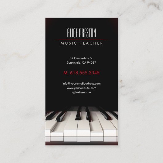 Muziekleraar | Zwarte witte piano Visitekaartje (Voorkant)