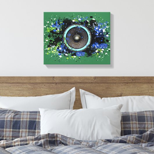 Muziekluidspreker en gesplatterde verf canvas afdruk (Insitu (Slaapkamer))