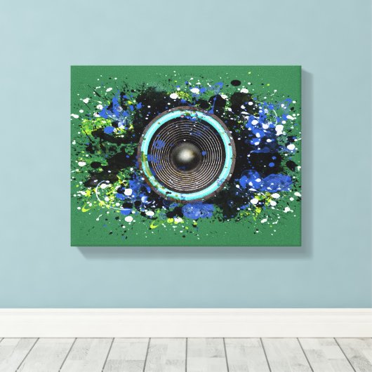 Muziekluidspreker en gesplatterde verf canvas afdruk (Insitu (Houten vloer))