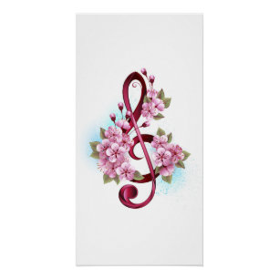 Muzieknotatie in vioolsleutel met Sakura bloemen Perfect Poster