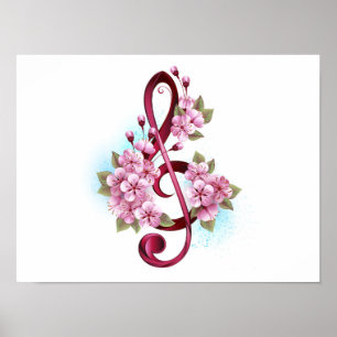 Muzieknotatie in vioolsleutel met Sakura bloemen Poster