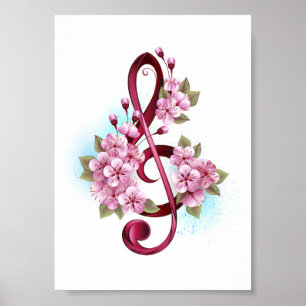 Muzieknotatie in vioolsleutel met Sakura bloemen Poster