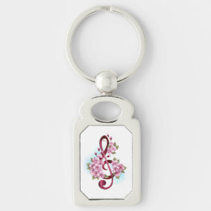 Muzieknotatie in vioolsleutel met Sakura bloemen Sleutelhanger