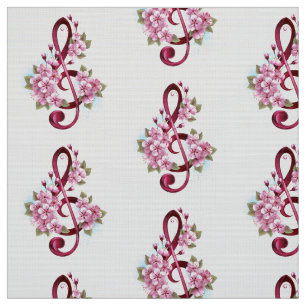 Muzieknotatie in vioolsleutel met Sakura bloemen Stof