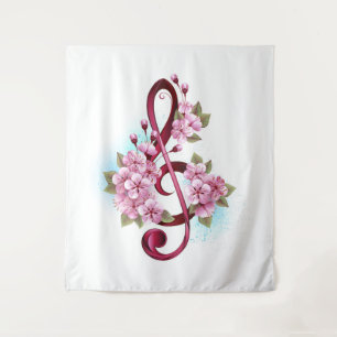 Muzieknotatie in vioolsleutel met Sakura bloemen Wandkleed