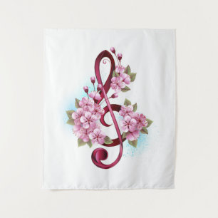 Muzieknotatie in vioolsleutel met Sakura bloemen Wandkleed
