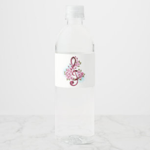 Muzieknotatie in vioolsleutel met Sakura bloemen Waterfles Etiket